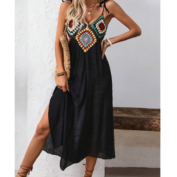 Boho Crochet Semi Sheer Shoulder Tie Split Hem Dress - Picture 1 of 5